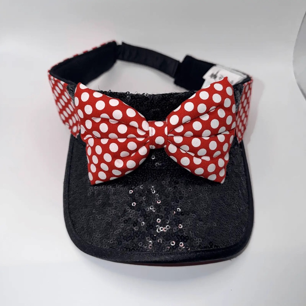 Disney Parks Adult Red‎ Polka Dot Bow Visor Hat Sequin Black Colorful